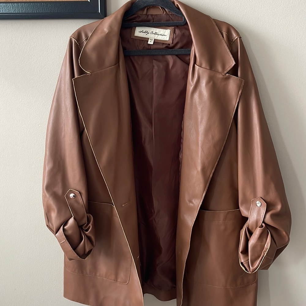 Brown faux leather blazer jacket